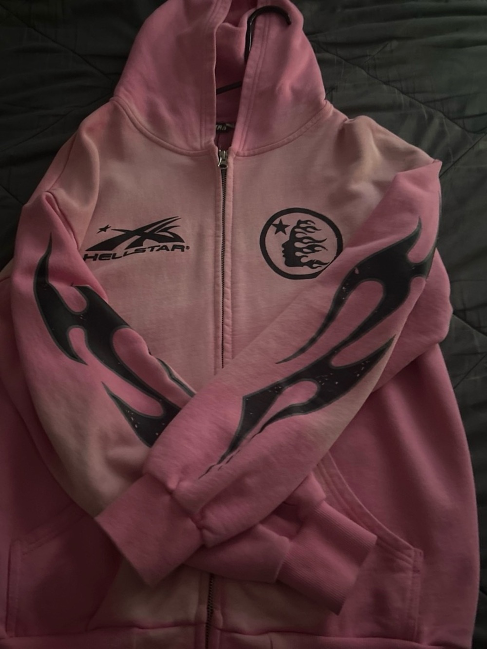 Hellstar Pink Zip-Up Hoodie Jacket with Black Flame Graphics
